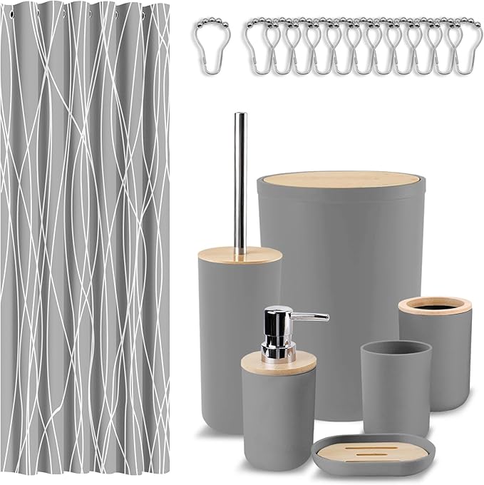 Britimes Bathroom Accessories Set, 19PC Grey Shower Curtain Set with Trash Can, Soap Dispenser, Toilet Brush Holder, Toothbrush Holder and Toothbrush Cup for Bathroom Decor
