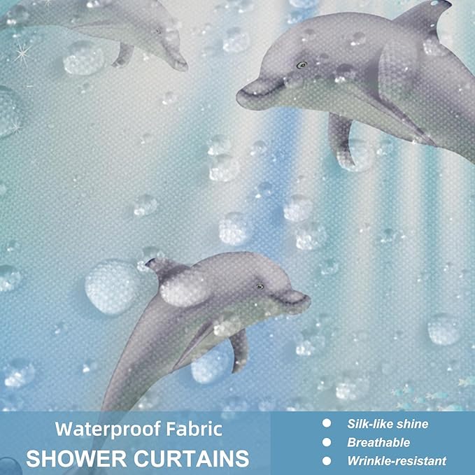 Ocean Dolphin Shower Curtain Set with 12 Hooks, Underwater World Themed Bathroom Decor, Water Resistant Fabric Bath Curtain 4 Piece Set