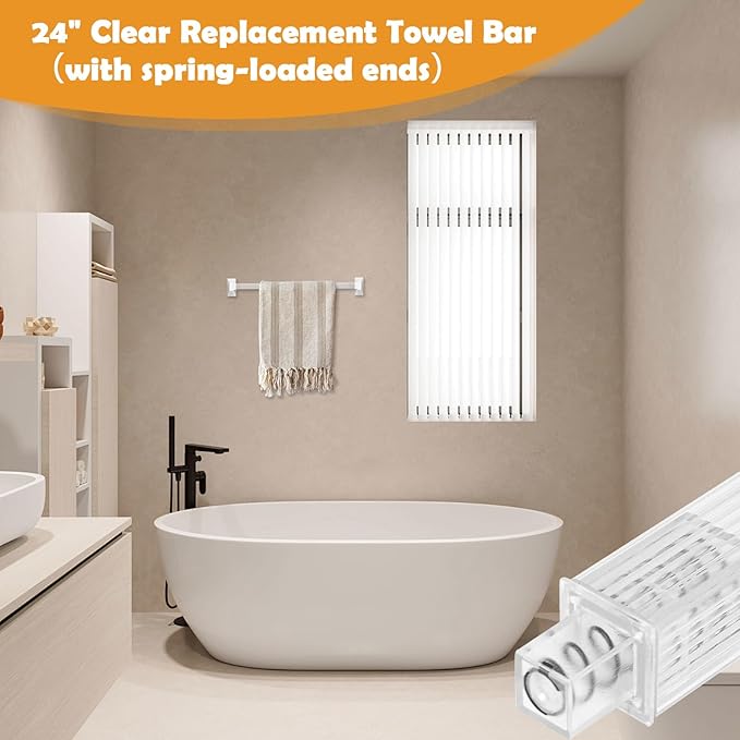 Towel Bar Replacement Rod 24 Inches Bathroom Towel Rack with Adjustable Spring End Wall Mount Replacement Towel Bar for Ceramic Holder Bathroom and Kitchen Towel Rod Storage (Clear Towel Holder)