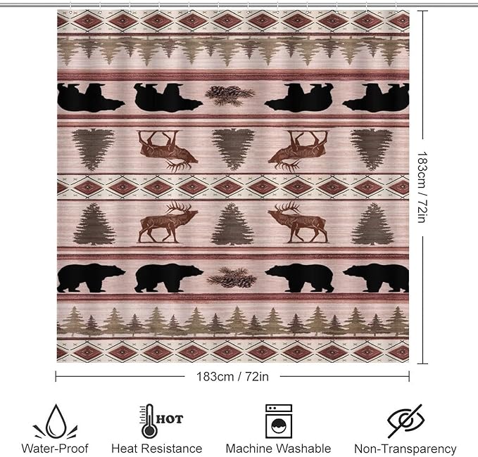 Black Bear Deer Tribal 4 Piece Shower Curtain Sets, Non-Slip Rugs, Toilet Lid Cover and Bath Mat, Durable and Waterproof, for Bathroom Decor Set One Size