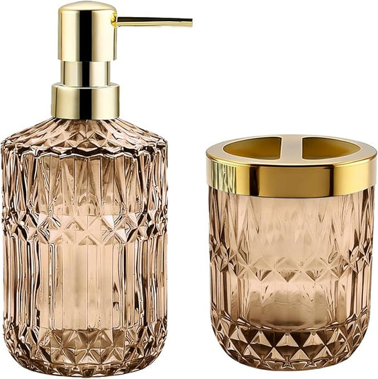 2Pcs Brown Bathroom Accessories Set, Glass Bathroom Accessories, Vintage Bathroom Countertop Decoration Includes Soap Dispenser, Toothbrush Holder