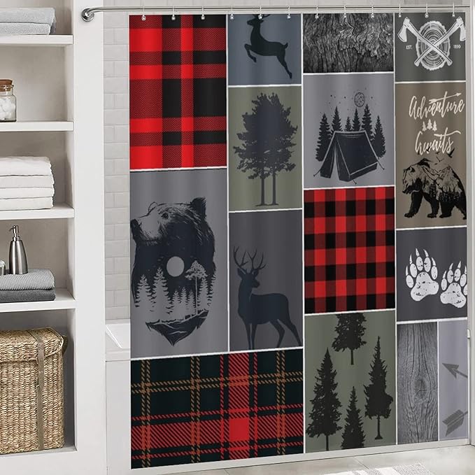 Cabin Rustic Bear Deer Shower Curtain Sets with Rugs 4 Piece Accessories Bathroom Curtains Shower Set Include Shower Curtain Non-Slip Rug Toilet Lid Cover Bath Mat One Size
