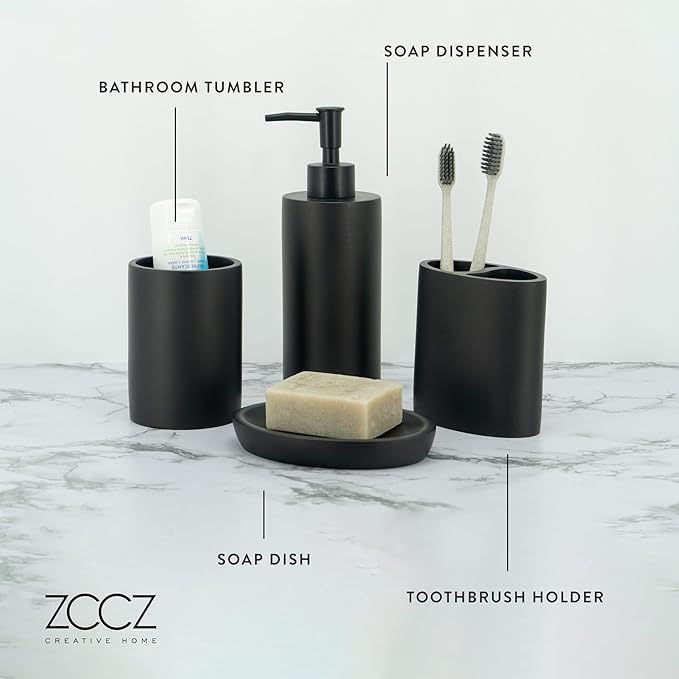 ZCCZ Bathroom Accessory Sets, 4 Pieces Bathroom Accessories Complete Set Vanity Countertop Accessory Set, Includes Lotion Dispenser Soap Pump, Toothbrush Holder and Tray (Matte Black Look Rounded)