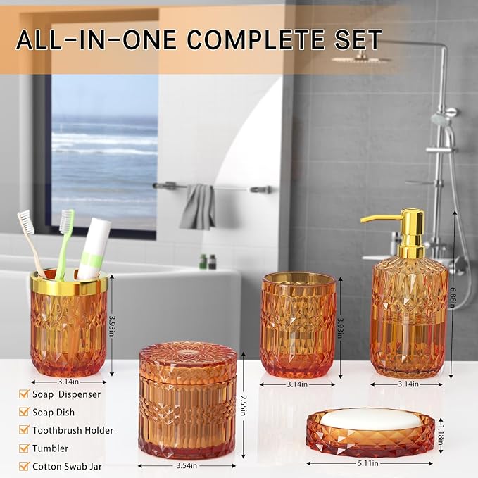 Orange Glass Bathroom Accessories Set 5 Pcs, Orange Bathroom Set, Soap Dispenser and Toothbrush Holder Set, Qtip Holder Set, Vintage Bathroom Sink Set, Cute Bathroom Decor