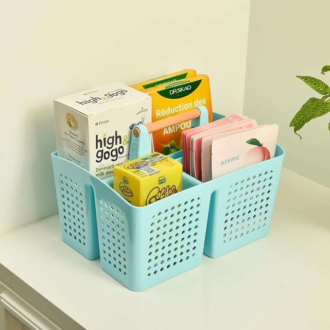 Portable Shower Caddy Basket with Compartments, Plastic Divided Cleaning Caddy Organizer Storage Tote with Handle for Bathroom, College, Dorm Room Essentials, Deep Blue
