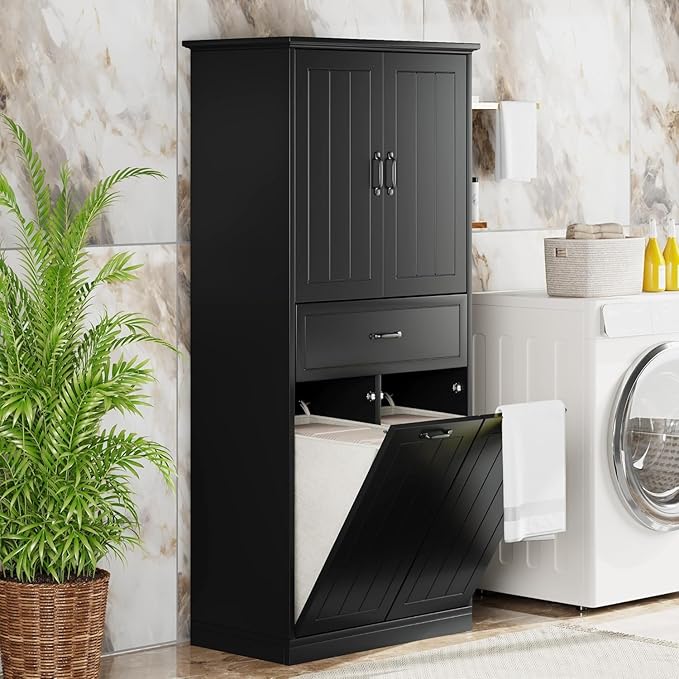 Virubi Tall Tilt Out Laundry Cabinet with 2 Tilt Out Laundry Hamper, Wood Bathroom Storage Cabinet with Doors,Drawers and Adjustable Shelves Freestanding (Black)