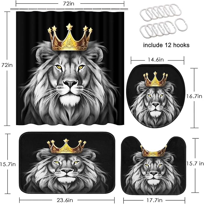 ArtSocket Black Bathroom Set with Shower Curtain and Rugs and Accessories, Gold Grey Lion African American Shower Curtain, Lion Bathroom Decor 4 Pcs