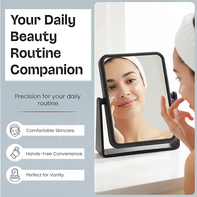 Danielle Creations Rectangle Soft Touch Vanity Mirror, Black, 1x/7x Magnifying Makeup Mirror with Stand, Portable Tabletop Bathroom or Desk Mirror