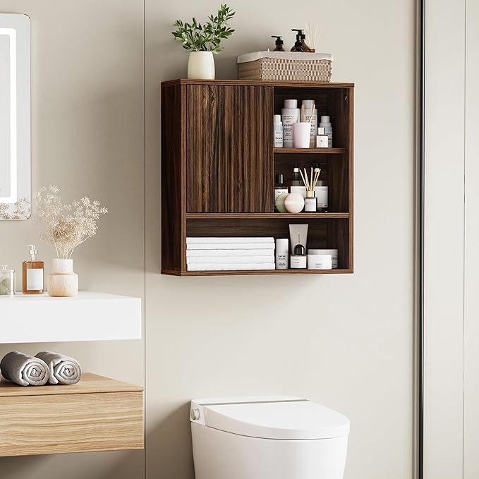 Farmhouse Bathroom Wall Cabinet Fluted,Medicine Cabinet Over The Toilet Storage Cabinet with Adjustable Shelf, Wood Wall Mounted Storage Cabinet Organizer 23.2Wx24Hx7.6D (Dark Walnut, Medium)