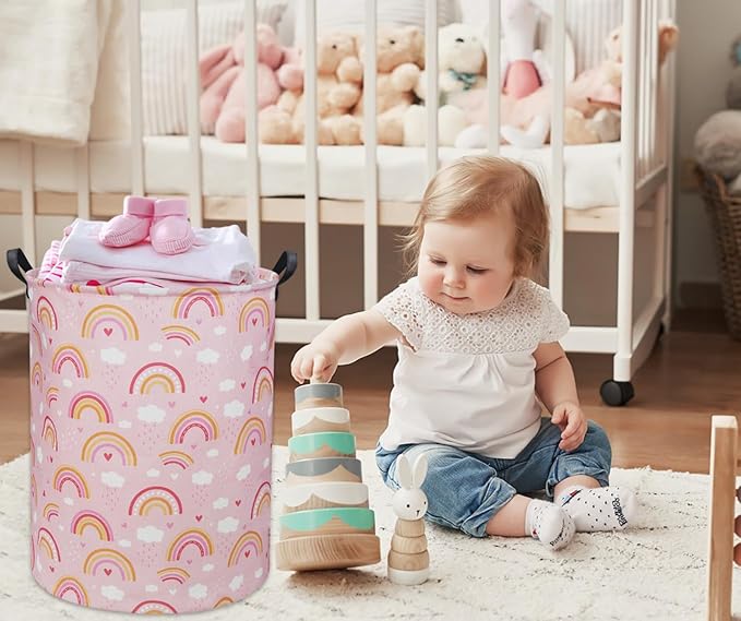 Baby Laundry Basket Kids Hamper Toy Storage Bin for Boys Room Decor Baby Nursery Hamper Gift Baskets for Bedroom Bathroom(Pink Rainbows)