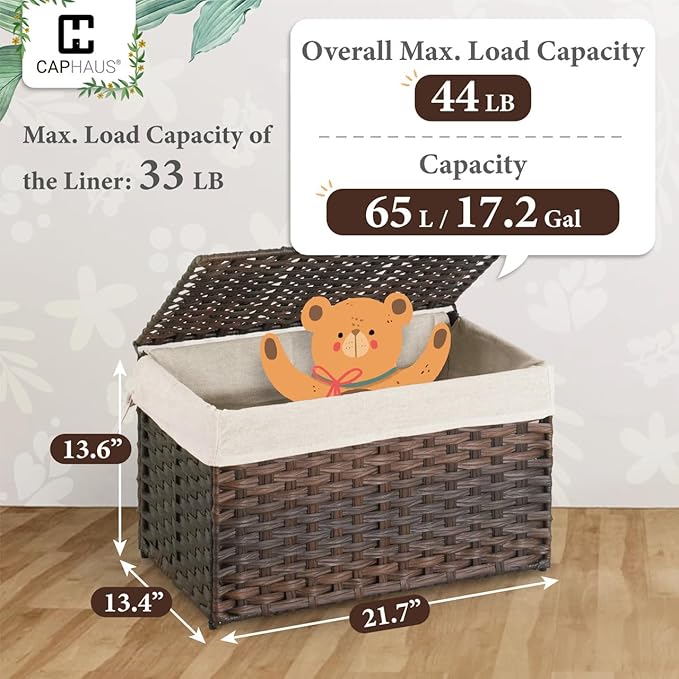 CAPHAUS Laundry Basket w/Lid, Synthetic Rattan Laundry Hamper w/Lid and Handles, 2 Removable Liner Bags, Foldable Clothes Hamper for Laundry, Large Storage Basket w/Lid, 65L, Brown
