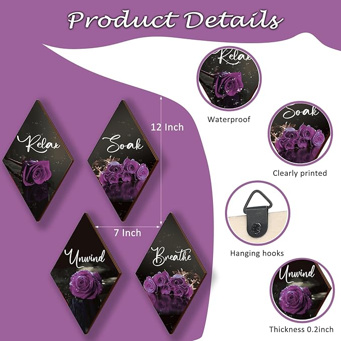 ONIZHITY Set of 4 Purple Bathroom Decor Rose Wooden Wall Decor Flower Rustic Romantic Floral Farmhouse Wall Decor Breathe Soak Unwind Relax Sign Purple Decor for Room Bedroom Bathroom (purple 12 x 7)