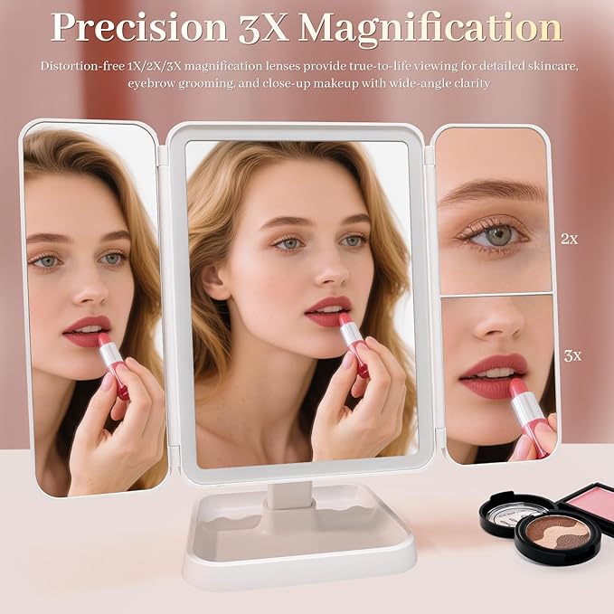 LED Tri-Fold Vanity Mirror with Lights, Touch Screen and 3X/2X/1X Magnification with 3 Color & Adjustable Brightness, Portable Rechargeable Makeup Mirror Pro with Lights Dollar for Desk Dorm Travel