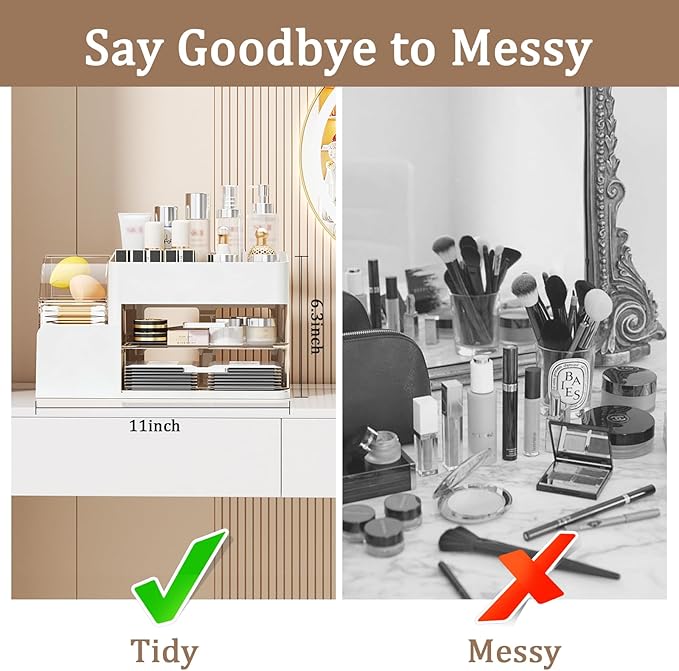 Makeup Organizer with Large Capacity, Stain-Resistant Rotating Clear Compartment and 2 Drawers for Cosmetics and Skincare Storage – Vanity Countertop Organizer for Bathroom and Bedroom (White)