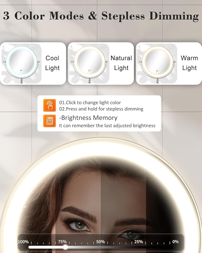 9'' 30X/1X Wall Mounted Lighted Makeup Mirror, Height Adjustable Double Sided 5000mAh Rechargeable Magnifying Bathroom Mirror with Light, 3 Color Modes Touch Dimmable Extended Arm 360 Rotation