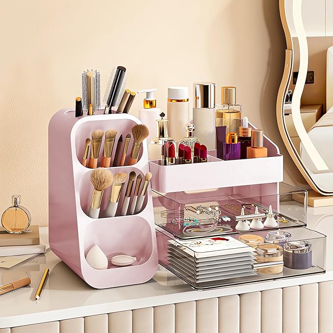 DASITON Makeup Organizer with Brush Holder for Vanity, Bathroom Countertop Organizer with 2 Drawers, Large skincare storage organizers for perfume, lipstick, Nail Polishes and Beauty Essential (Pink)