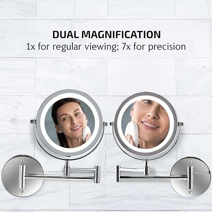 OVENTE Wall Mounted Lighted Makeup Mirror, 7" Double Sided 1X/7X Magnifying Vanity Mirror for Bathroom with LED Lights, Cordless, 360° Rotation and 13" Extendable Arm, Nickel Brushed MFW70BR1X7X