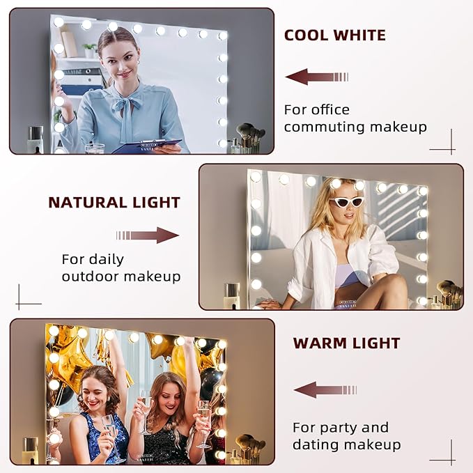 VANITII Vanity Mirror with Lights 22.8" x 31.5" 18 Bulbs 3 Color Modes Large Lighted Hollywood Makeup Mirror with USB Charging Port and 10X Magnification for Bedroom Desktop