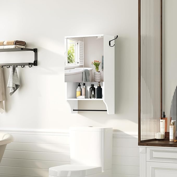 MAHANCRIS Bathroom Wall Cabinet with Mirror, Medicine Cabinet with 2 Door and Adjustable Shelf, Wall Mounted Over The Toilet Storage Cabinet with Towel Bar for Bathroom Laundry Room Kitchen, White