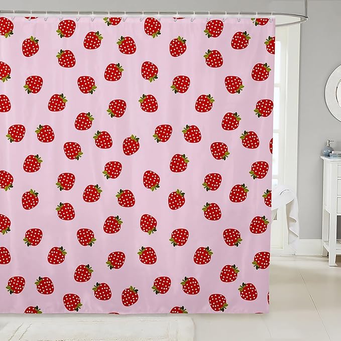 Feelyou Strawberry Bathroom Shower Curtain Set Girls Pink Cute Fruit Print Shower Curtain Kids Teens Strawberries Stripes Bath Curtain Polyester Stalls Waterproof Curtain Bathtubs Decor 72"x72"