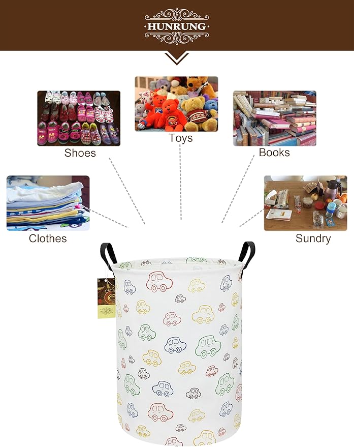 HUNRUNG Laundry Hamper,Large Canvas Fabric Lightweight Storage Basket Toy Organizer Dirty Clothes Collapsible Waterproof for College Dorms???Round-Car???