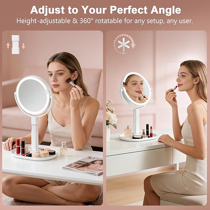 Lighted Makeup Mirror with 10X Magnification, Rechargeable LED Magnifying Vanity Mirror with 3 Lights, Adjustable Height, Storage Base and Phone Holder, White, 8 inch