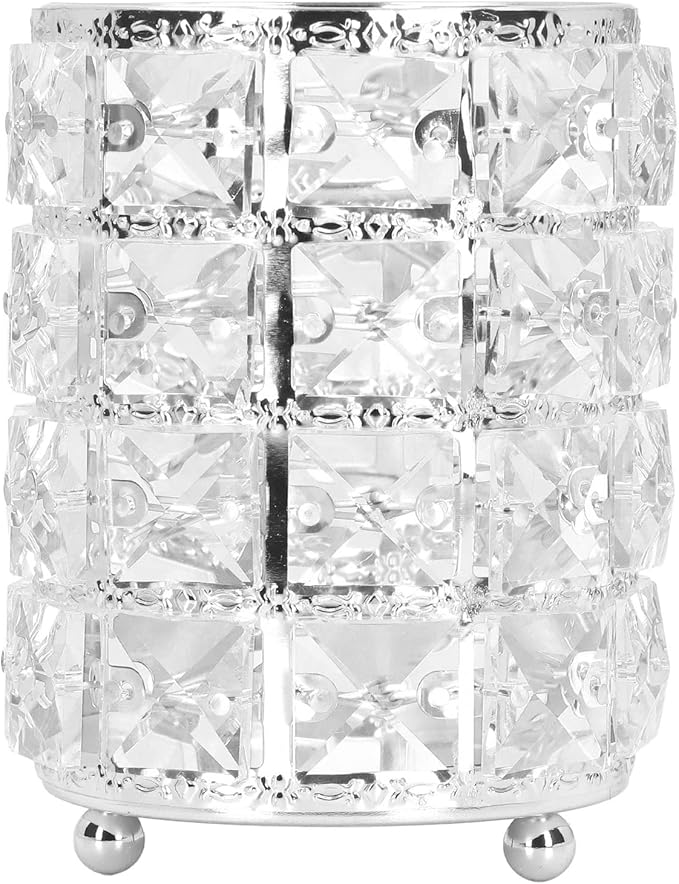 Pilipane European sty1e Rounded Crystal Glass Cosmetic Lunch Box for Bathroom Home Bedroom Office (Silver), Acrylic Makeup Brush Holder Lunch Box, Clear Pencil Pen Holder, Makeup Brush Holder
