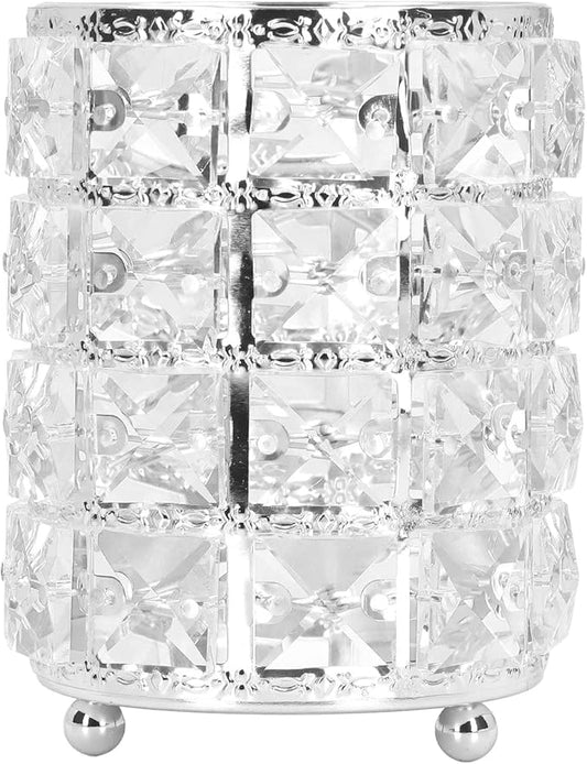 Pilipane European sty1e Rounded Crystal Glass Cosmetic Lunch Box for Bathroom Home Bedroom Office (Silver), Acrylic Makeup Brush Holder Lunch Box, Clear Pencil Pen Holder, Makeup Brush Holder