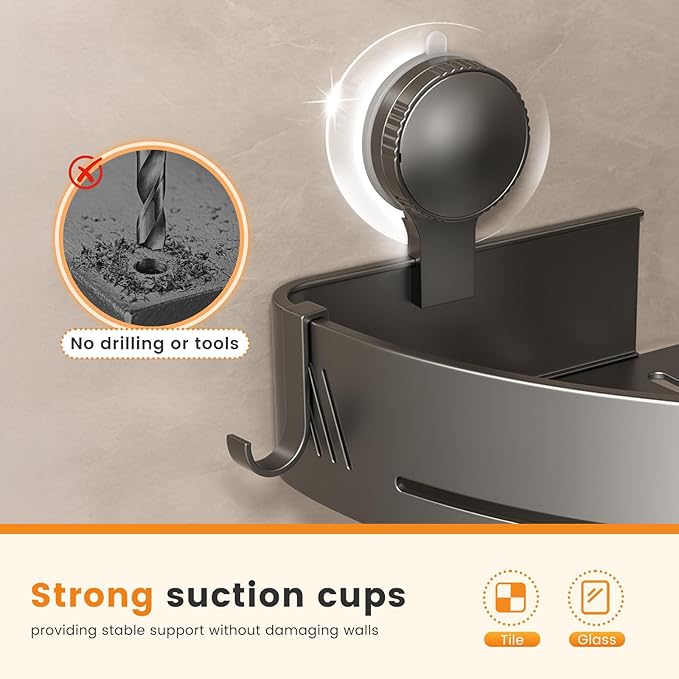 Corner Shower Caddy 2-Pack, Suction Cup Bathroom Shower Organizer with Hooks, No Drilling Rustproof Aluminum Floating Wall Shelf for Inside Shower, Gun Grey (Triangular)