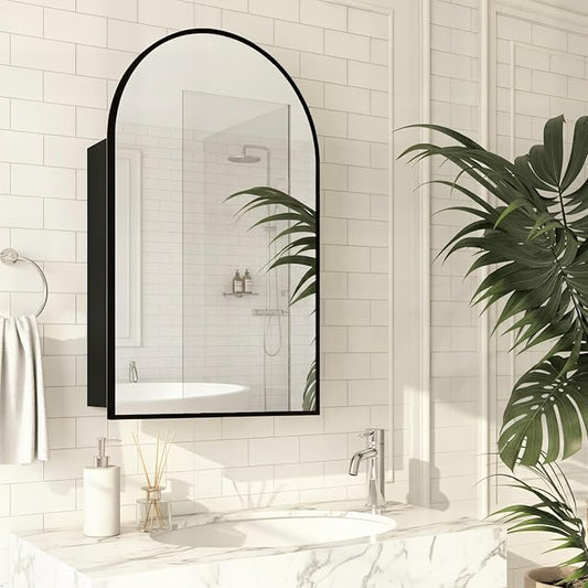FKWin 20 x 32 Inch Black Arched Bathroom Medicine Cabinet with Mirror, Wall Mounted Surface Mount Bathroom Storage Cabinet,Adjustable Tempered Glass Shelves,Vanity Mirror with Storage