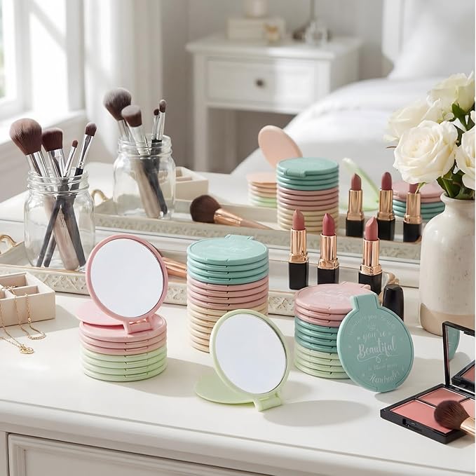 36 Pcs 2.76 Inch Inspirational Compact Mirror Bulk Women Small Gifts Graduation Party Favors Purse Mirror Pocket Mini Stuffer Items for Adult Coworker Cheerleader Employee (Light Colors)
