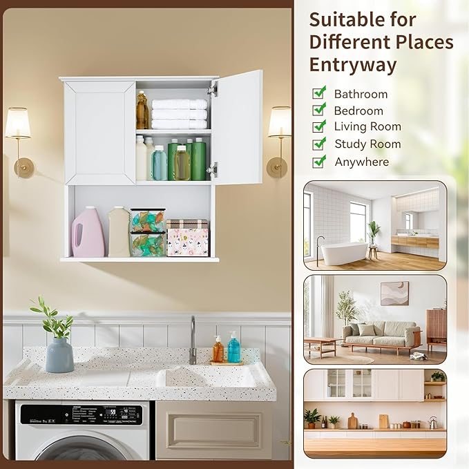 Bathroom Wall Cabinet Wooden with 2 Doors,Over the Toilet Storage Cabinet,Bathroom and Laundry Wall Mount Storage Medicine Cabinet with Open and Adjustable Shelf,Easy Assembly (Style A (1 PC), White)