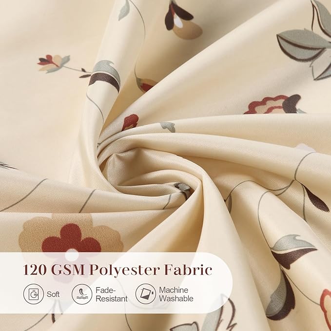 Floral Fabric Shower Curtains for Bathroom, Cream Beige Gray Flower Shower Curtain, Waterproof Washable Decorative Bathroom Curtains, 72" W x 72" H