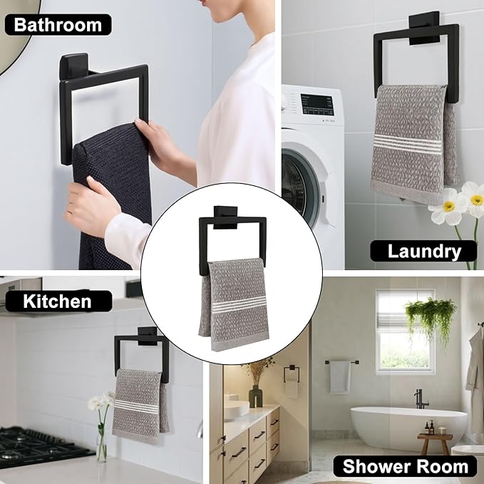 Matte Black Towel Ring - Premium Stainless Steel Bathroom Accessory, Sleek Square Design Hand Towel Holder, Durable Wall-Mounted Towel Hanger for Contemporary Bathroom, 2 Pcs