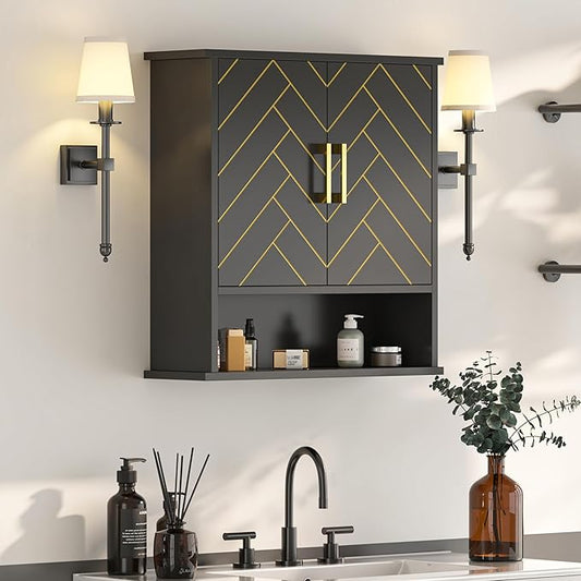 Black Chevron Pattern Bathroom Wall Cabinet, Modern Hanging Medicine Cabinet with Gold Hardware, Space-Saving Over Toilet Storage Organizer (23 5/8" x 22 7/8" x 7 1/8")