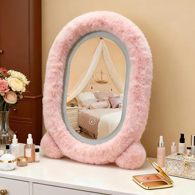 Lighted Makeup Mirror, 12”x16” Vanity Mirror with 3 Colors, Fur Wrapped Cosmetic Light Up Mirror Smart Touch Dimmable 3 Modes Light Tabletop Compact Mirror for Women Girlfriend Gift (Pink)
