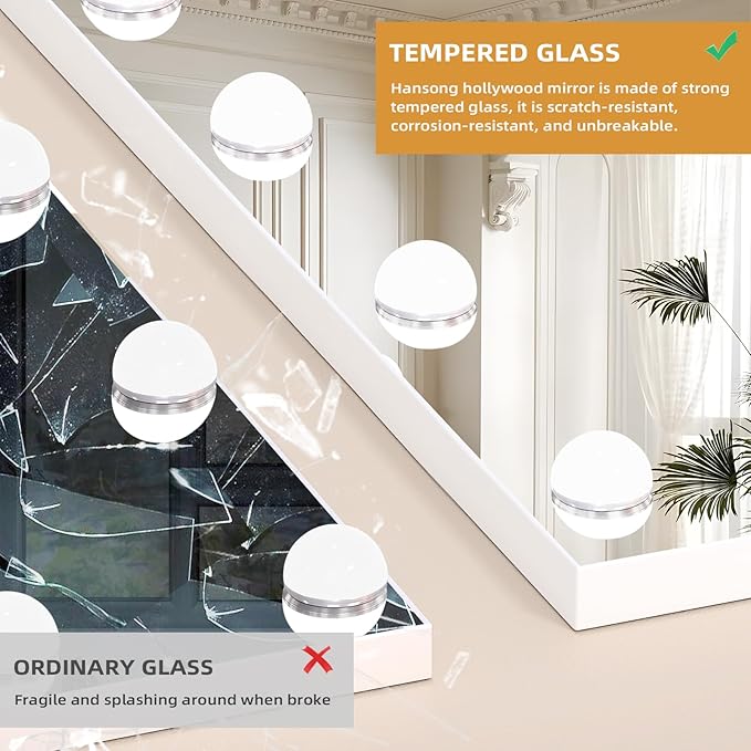 Hansong Vanity Mirror with Lights and Bluetooth Speaker 32"x 22.8" Hollywood Makeup Mirror with 18 LED Bulbs, Large Lighted Mirror with 3 Color Modes, USB Charging, 10x Magnification, Tempered Glass