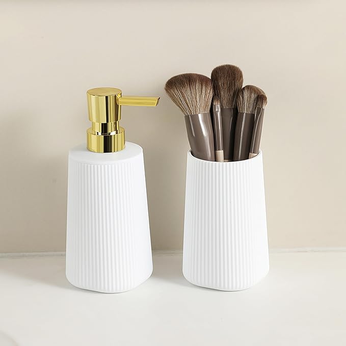 YAUKPH Bathroom Accessories Set 2 Piece Soap Dispenser and Toothbrush Holder for Bathroom Countertop Striped White and Gold