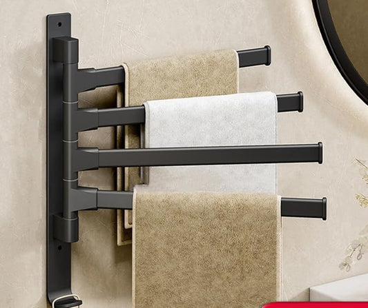 4 Arms Swivel Towel Rack Thicken Towel Holder with Hook Space Saving Towel Bar Wall Mount Swivel Towel Racks for Bathroom Kitchen-Black