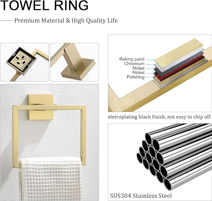 TNOMS Gold Towel Ring Modern Square Hand Towel Bar,Towel Holder for Bathroom,Wall Mount Stainless Steel