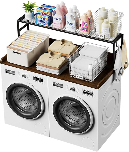 Washer Dryer Countertop with Shelf, Washer Dryer Topper, Solid Wood Washers and Dryers Countertop, 54" Width x 27.5" Depth Laundry Countertop for Laundry Room Organization and Storage, Walnut