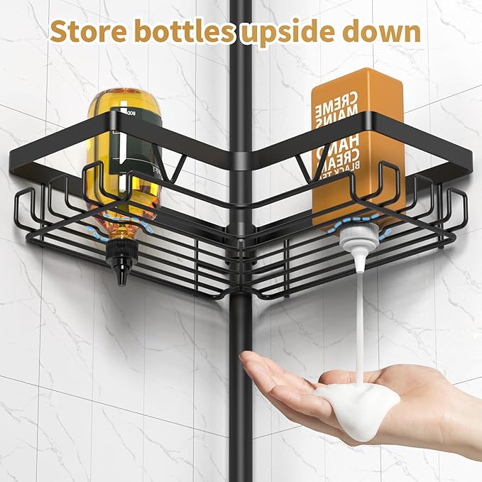 DAOYA Tension Rod Shower Caddy Corner - Tension Pole Shower Caddy with 2 Towel Bars & Toothbrush Holder, Black Bathtub Organizers and Storage Corner Stainless Steel(Tall 25 to 114.2 Inches)
