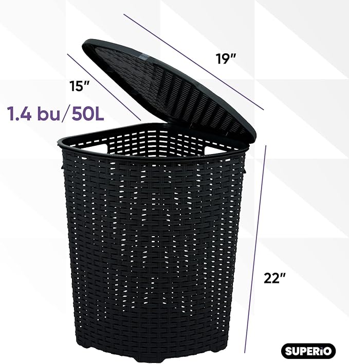 Plastic Corner Laundry Hamper with Lid, Curved Designed Laundry Basket, Triangle Black Cloths Hamper Organizer with Cut-out Handles for Laundry Room Bedroom Bathroom, Wicker Design, 50 Liter