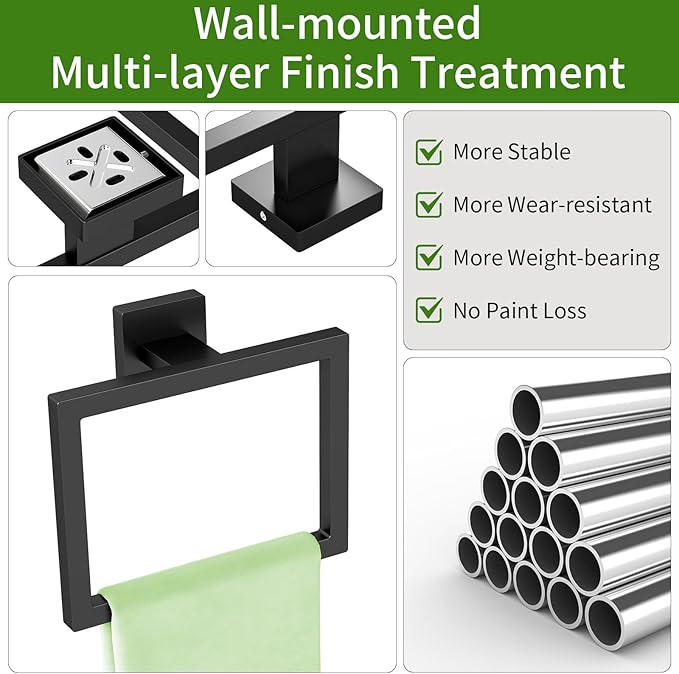 2 Pack Matte Black Hand Towel Holder, Stainless Steel Wall Mounted Hand Towel Holder for Bathroom, Modern Square Towel Ring for Bath, Kitchen, RV