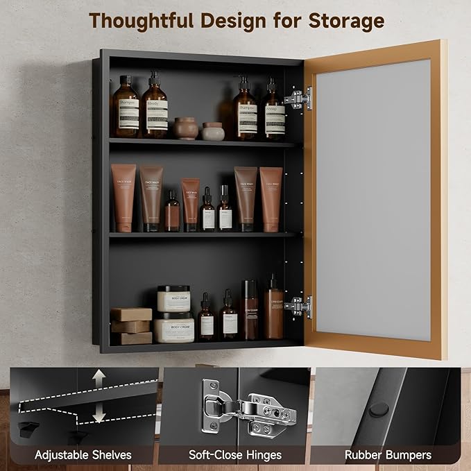24“ x 30” Gold Medicine Cabinets for Bathroom with Mirror, Aluminum Alloy Framed Mirror＆Tempered Glass Design, Recessed or Surface Wall-Mounted Metal Bathroom Vanity Mirror with Storage Cabinet