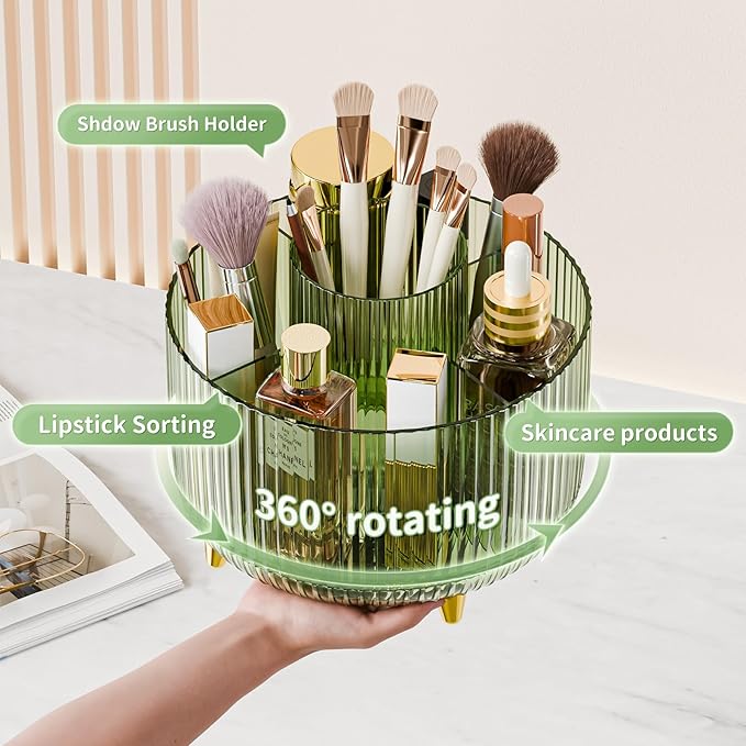 Clear Rotating Makeup Organizer Countertop for Vanity, 360?? Makeup Brush Holder Organizer with 5 Compartments, Transparent Cosmetic Storage for Lipstick, Skincare, Bathroom Counter(Transparent Green)