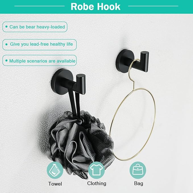 Matte Black 4 Pieces Bathroom Hardware Accessories Set with 18 Inch Towel Bar,Toilet Paper Holder,Towel Hooks,SUS 304 Stainless Steel Wall Mounted Bathroom Towel Bar Set,SE96018S-4MB