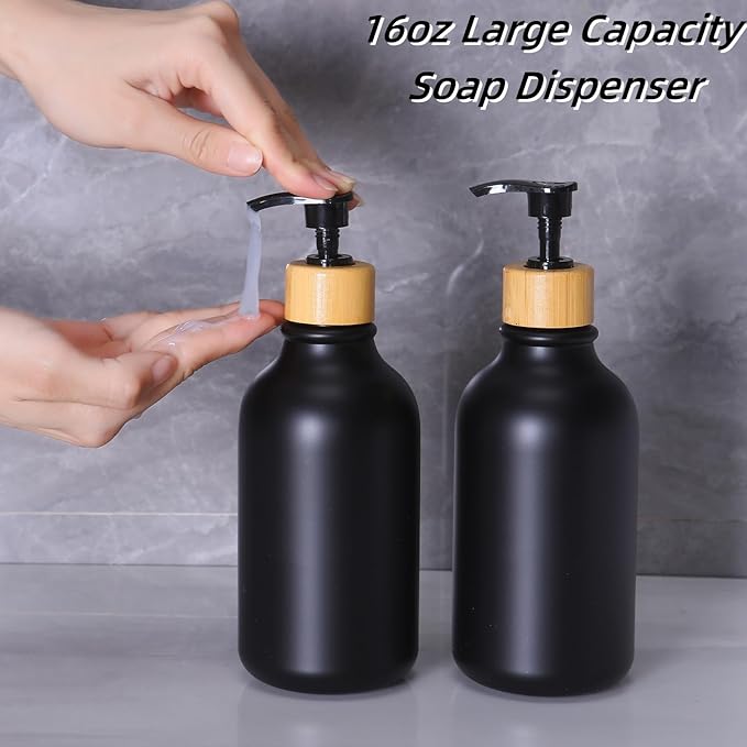 Matte Black Bathroom Accessories Set 7 Pcs,Bamboo Bathroom Accessories Sets,Black Soap Dispenser and Toothbrush Holder Set,Qtip Holder,Vanity Tray,Soap Dish,Modern Bathroom Decor