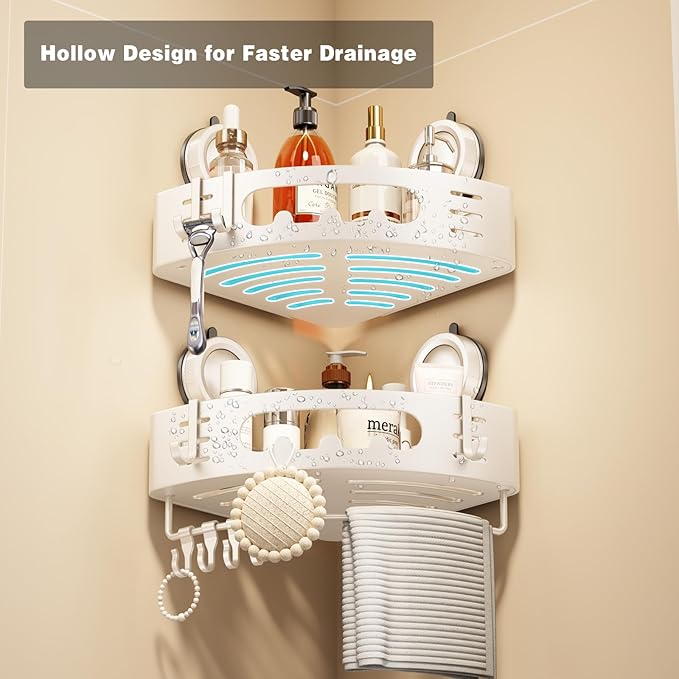 Voldra Corner Shower Caddy Suction Cup, Aluminum Corner Shower Shelves for Wall No Drilling, Large Suction Cup Shower Organizer with Towel Bar & Hooks Removable Bathroom Storage Rack(1 Pack-White)