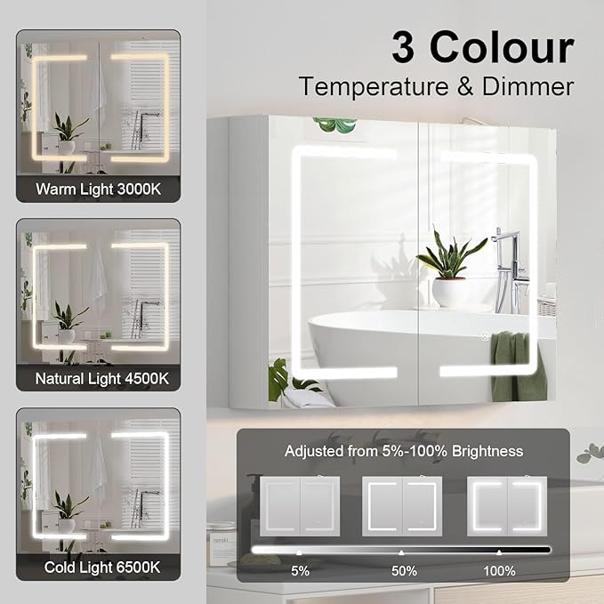 Lighted Medicine Cabinet with Sockets & USB, LED Medicine Cabinet with Lights, Wall Mounted,32X24Inch,Color Adjustment,Large Mirror Cabinet with Electrical Outlet